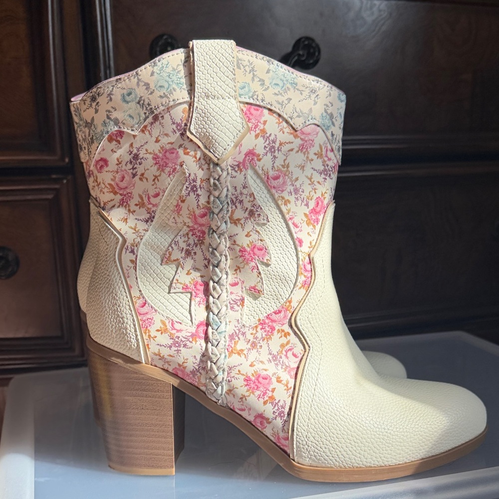 torrid Cream Floral Western Ankle Boots with Pink Accents
